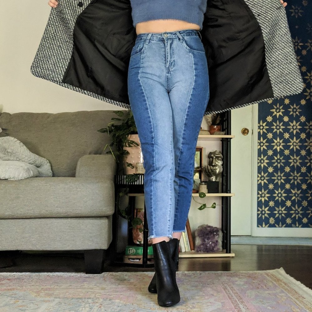 Unique Two-Tone, Yin Yang Straight/Skinny Denim Pants - Frayed Leg Hem - XS, 0